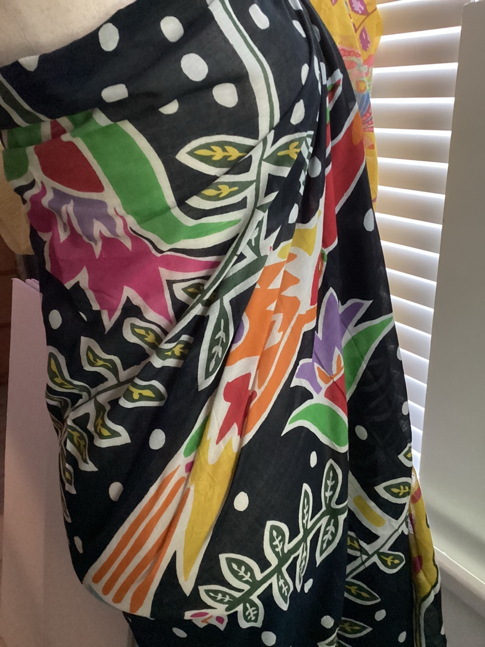 Gauze Polka Dot Pareo with Colorful Tropical Floral Motif